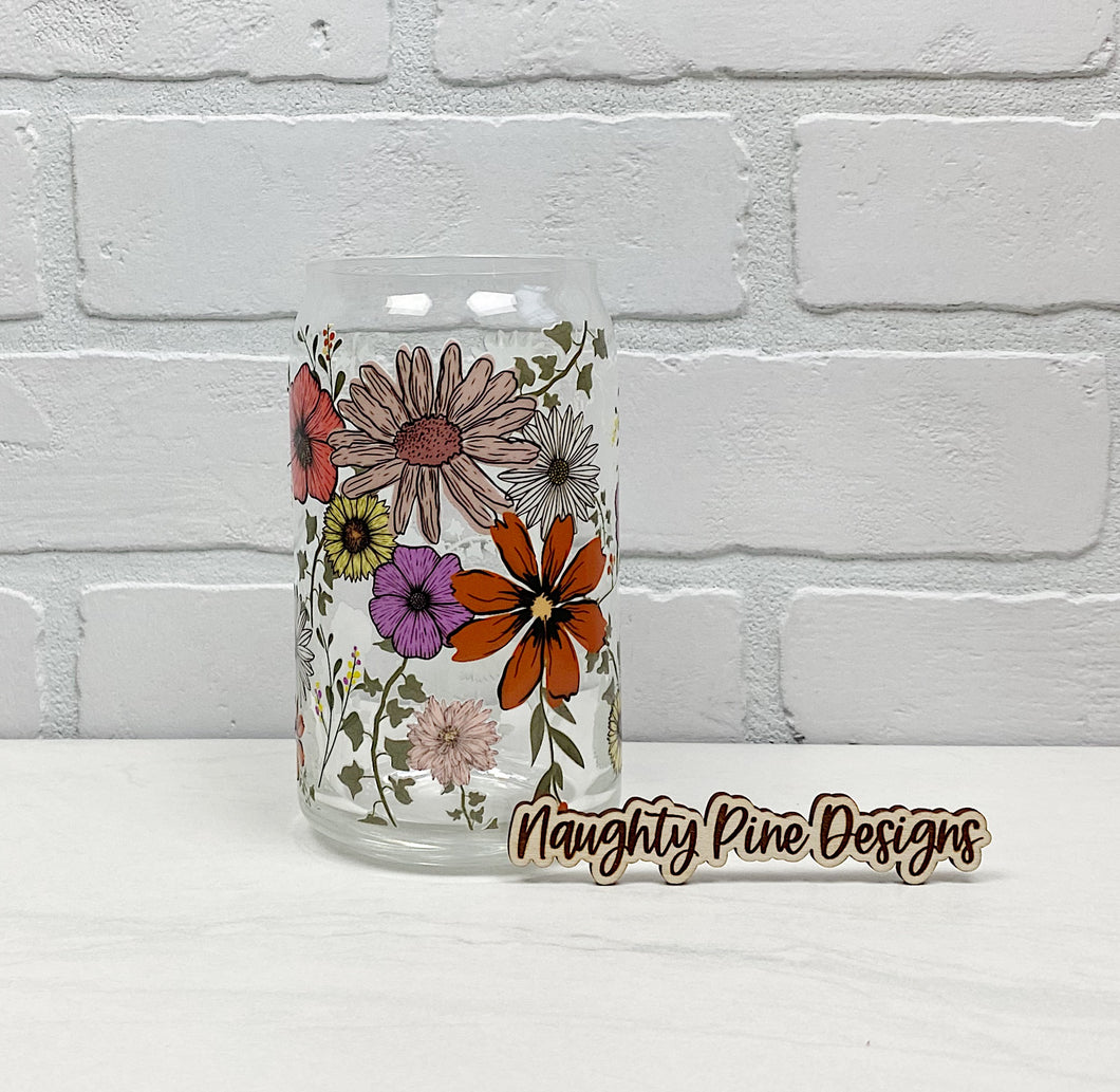 Fall Flowers | Beer Can Glass | Libbey Glass | Iced Coffee | 16oz