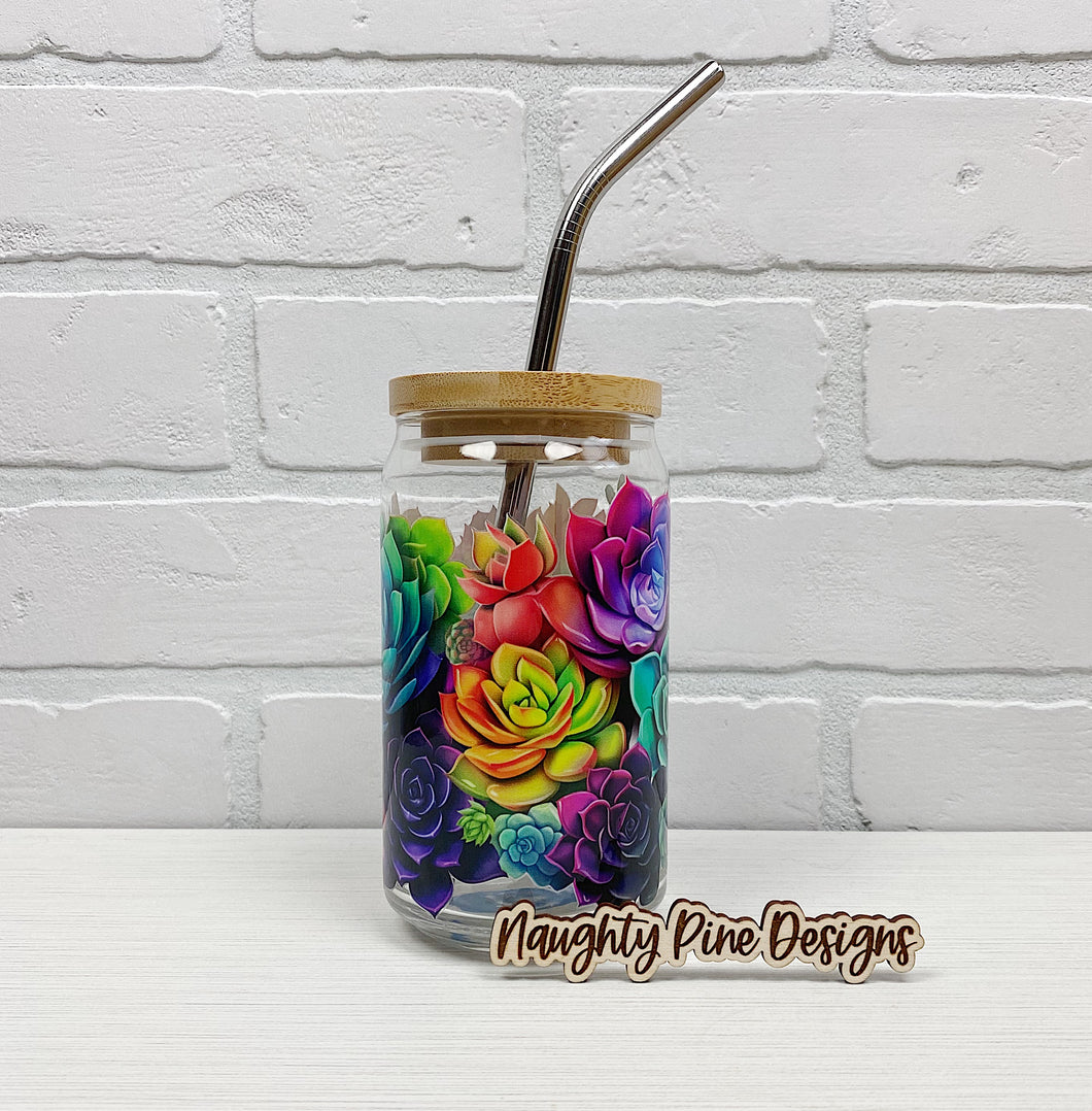 Colorful Succulents | Beer Can Glass | Libbey Glass | Iced Coffee | 16oz