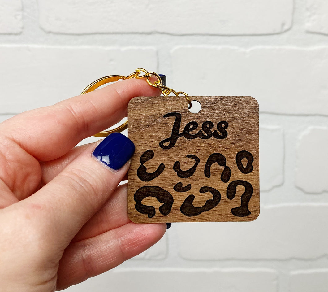 Personalized Leopard Print Square | Keychain | Wooden Keychain | Custom